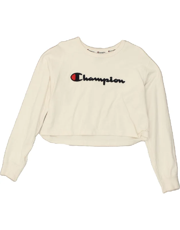 CHAMPION Womens Graphic Crop Sweatshirt Jumper UK 14 Large Off White Hoodie with Button Classic Timeless