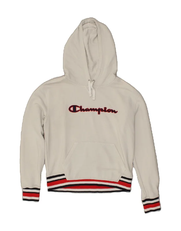 CHAMPION Womens Graphic Hoodie Jumper UK 14 Medium White Hoodie with Exposed Zipper Edgy Industrial