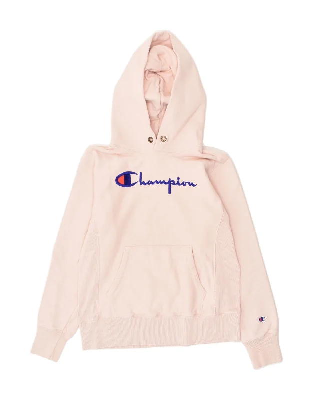 CHAMPION Womens Graphic Hoodie Jumper UK 16 Large Pink Cotton Hoodie with Drawstring Waist Adjustable Fitted