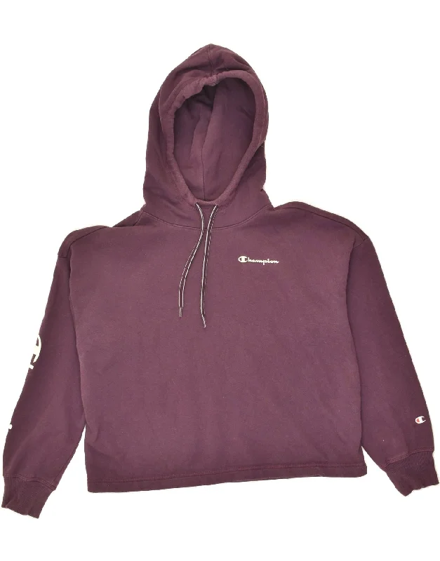 CHAMPION Womens Graphic Hoodie Jumper UK 16 Large Purple Cotton Graphic Hoodie Design Print