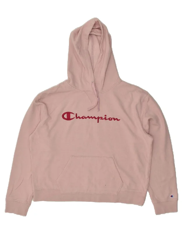 CHAMPION Womens Graphic Hoodie Jumper UK 18 XL Pink Cotton Hoodie with Mock Neck Collared Structured