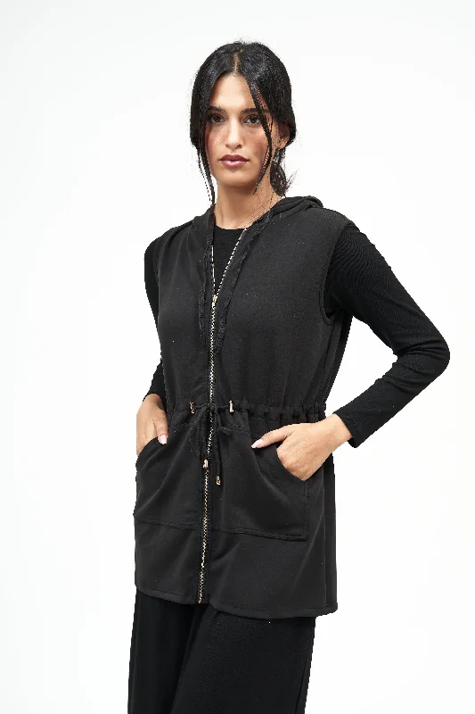 NW Hoodie Vest: Black Hoodie with Longline Fit Extended Stylish