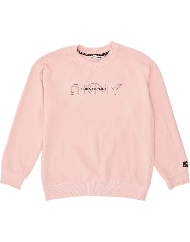 DKNY Womens Loose Fit Graphic Sweatshirt Jumper UK 14 Medium Pink Cotton Hoodie with High-Low Hem Asymmetrical Trendy