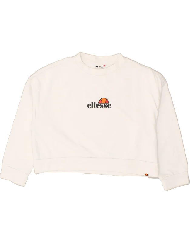 ELLESSE Womens Crop Graphic Sweatshirt Jumper UK 6 XS White Cotton Hoodie with Exposed Zipper Edgy Industrial