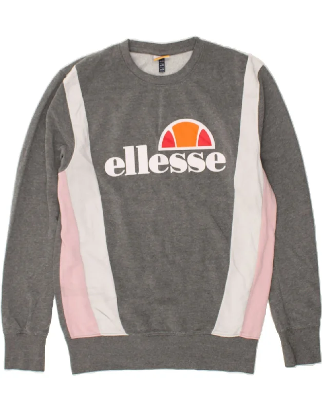 ELLESSE Womens Graphic Sweatshirt Jumper UK 14 Large  Grey Colourblock Hoodie with Hem Raw Edge Edgy Unfinished