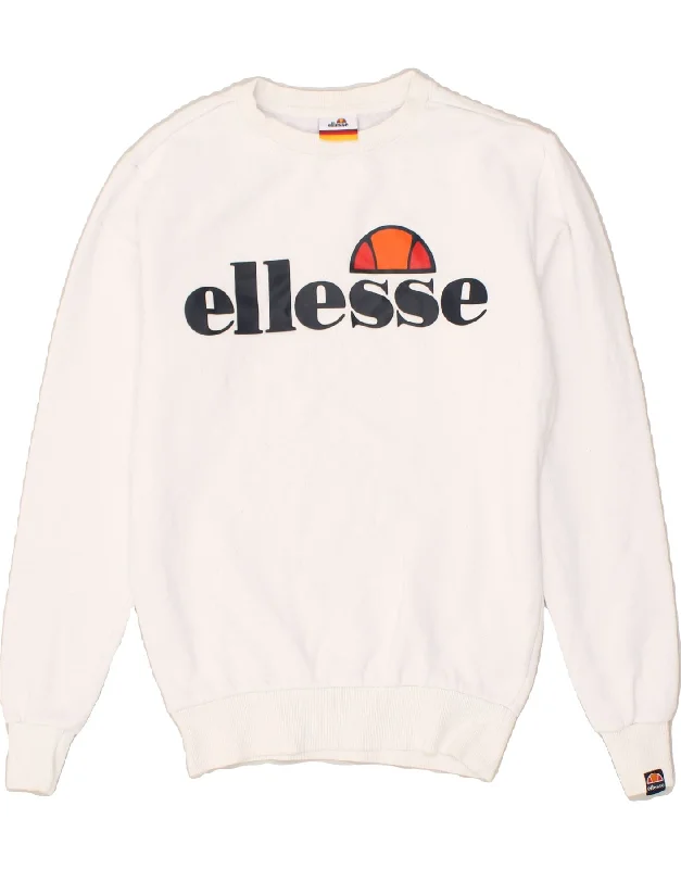 ELLESSE Womens Oversized Graphic Sweatshirt Jumper UK 6 XS  White Cotton Hoodie with Fur Luxurious Winter