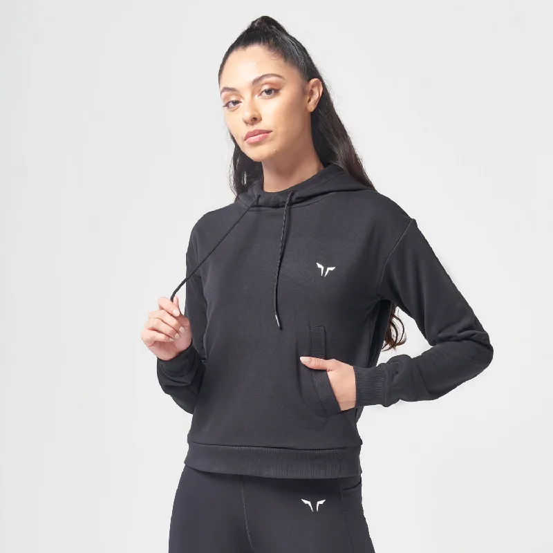 Essential Warm Up Hoodie - Black Hoodie with Mock Neck Collared Structured