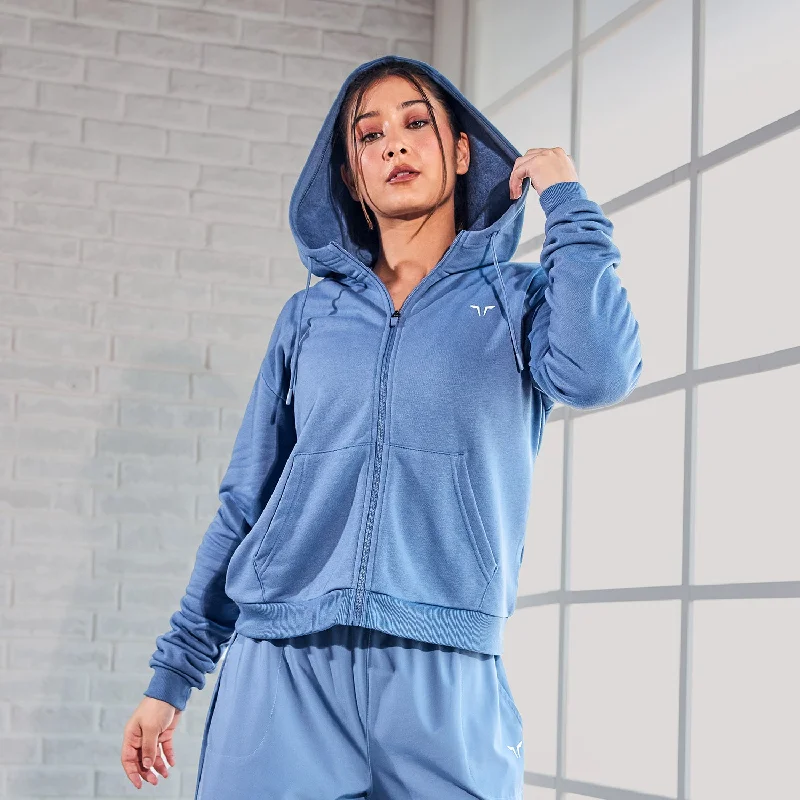 Essential Zip Up Hoodie - Coronet Blue Hoodie with Slit Hem Functional Movement