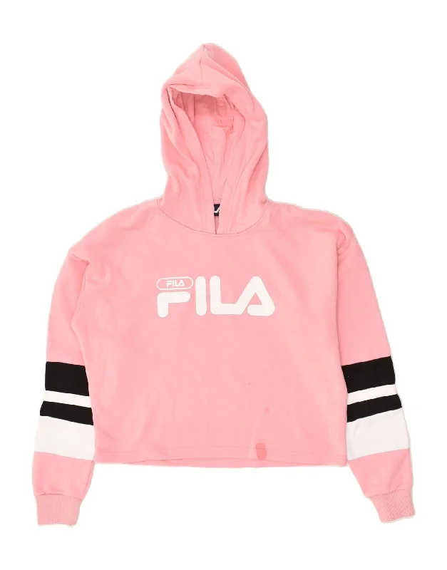 FILA Womens Crop Graphic Hoodie Jumper UK 10 Small Pink Cotton Hoodie with Hem Ribbing Snug Secure