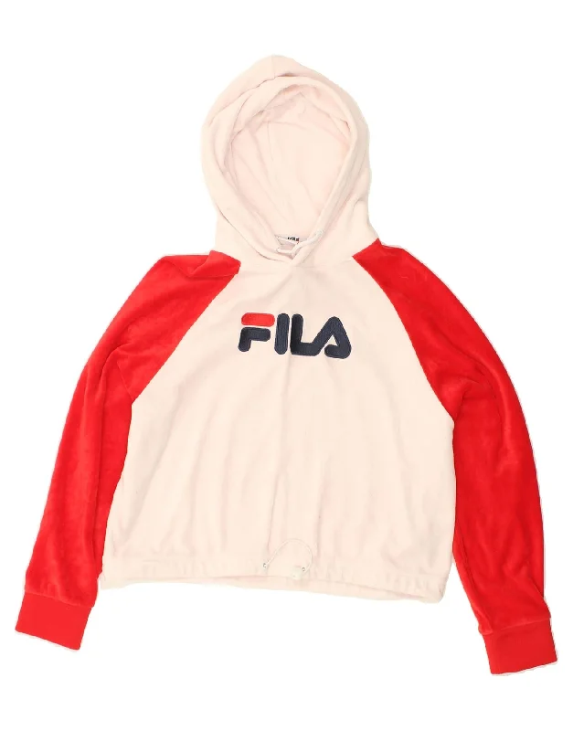 FILA Womens Crop Graphic Hoodie Jumper UK 10 Small Red Colourblock Cotton Hoodie with Velcro Closure Adjustable Secure