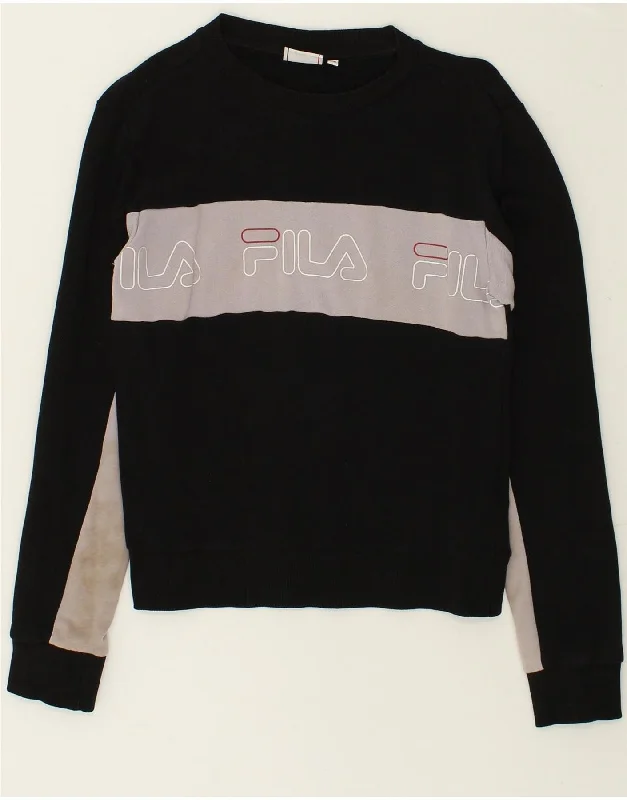 FILA Womens Graphic Sweatshirt Jumper UK 6 XS Black Colourblock Cotton Hoodie with Drop Shoulder Relaxed Streetwear