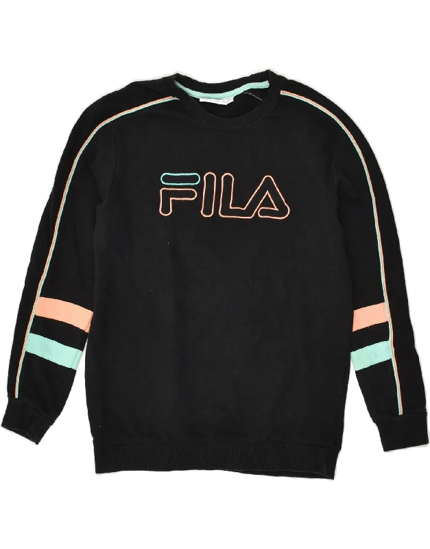 FILA Womens Graphic Sweatshirt Jumper UK 6 XS Black Cotton Hoodie with Emblem Brand Identity