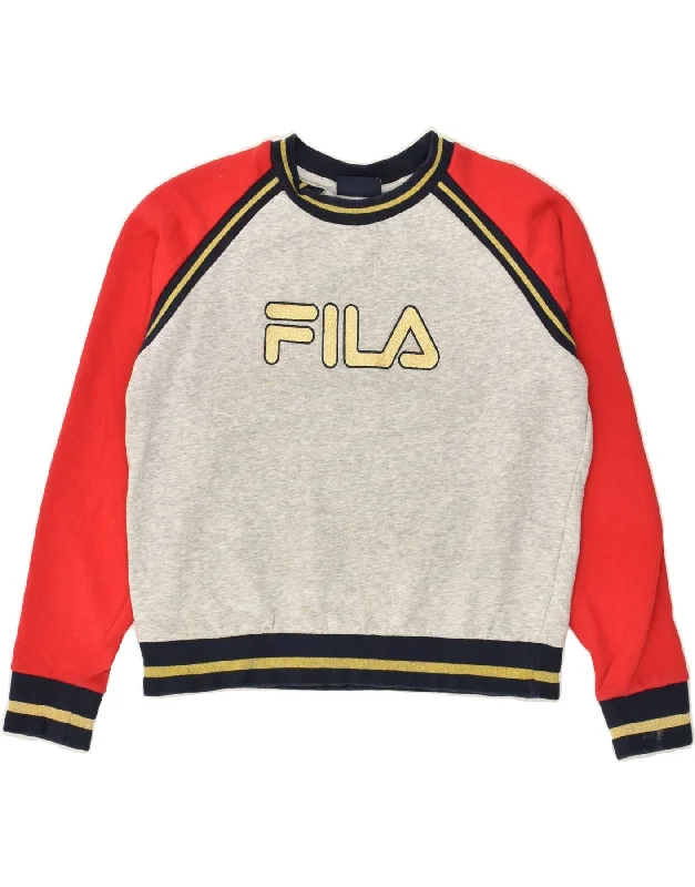 FILA Womens Graphic Sweatshirt Jumper UK 6 XS Grey Colourblock Cotton Hoodie with Distressed Vintage Worn