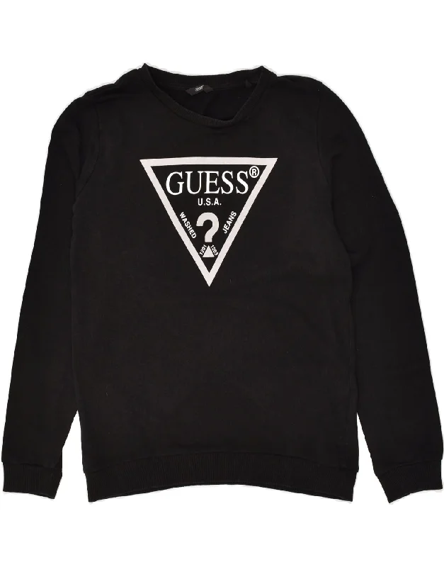 GUESS Womens Graphic Sweatshirt Jumper UK 16 Large  Black Cotton Hoodie with Distressed Vintage Worn