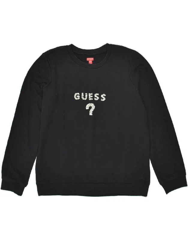 GUESS Womens Graphic Sweatshirt Jumper UK 16 Large Black Cotton Hoodie with High-Low Hem Asymmetrical Trendy