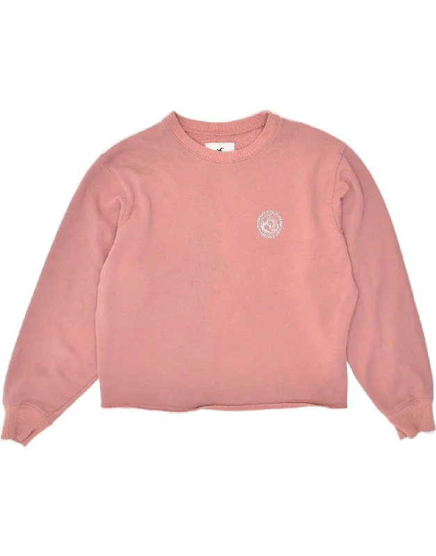 HOLLISTER Womens Crop Graphic Sweatshirt Jumper UK 10 Small Pink Cotton Hoodie with Hem Ribbing Snug Secure