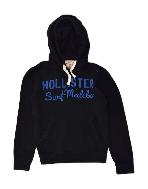 HOLLISTER Womens Graphic Hoodie Jumper UK 14 Medium Navy Blue Cotton Hoodie with Hem Fringe Bohemian Relaxed