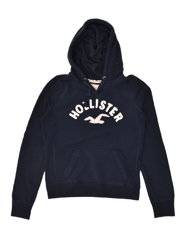 HOLLISTER Womens Graphic Hoodie Jumper UK 16 Large Navy Blue Cotton Hoodie with Hem Drawcord Adjustable Customizable