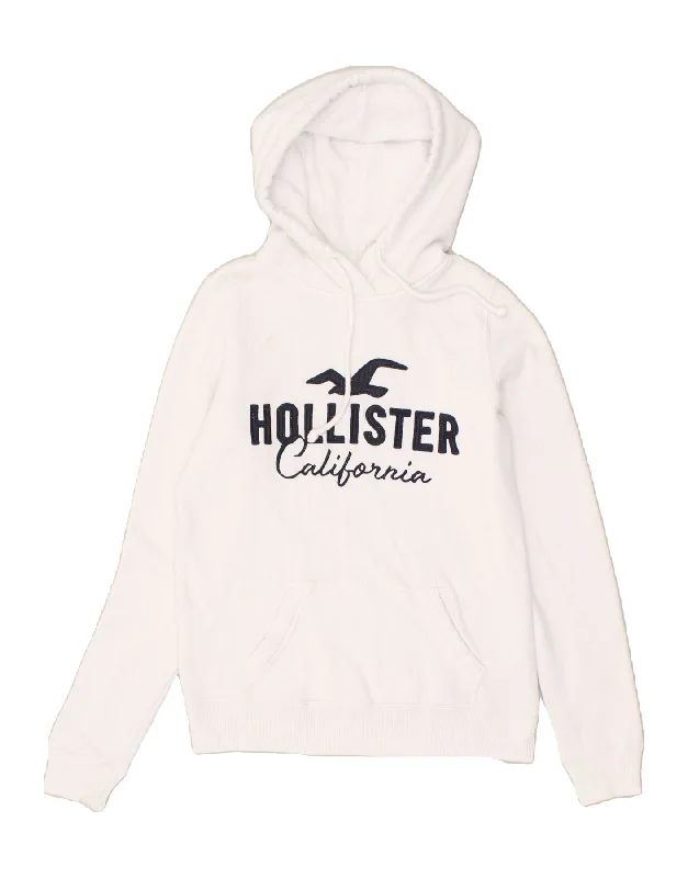 HOLLISTER Womens Loose Fit Graphic Hoodie Jumper UK 6 XS White Cotton Hoodie with Snap Buttons Easy Quick