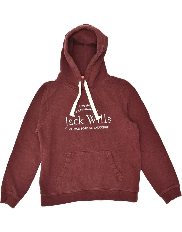 JACK WILLS Womens Graphic Hoodie Jumper UK 16 Large Maroon Cotton Hoodie with Emblem Brand Identity