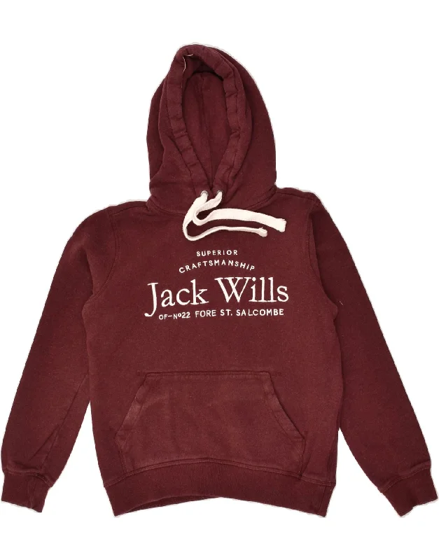 JACK WILLS Womens Graphic Hoodie Jumper UK 6 XS  Burgundy Cotton Hoodie with Snap Buttons Easy Quick