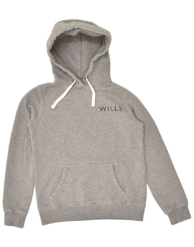 JACK WILLS Womens Graphic Hoodie Jumper UK 6 XS Grey Cotton Hoodie with Button Classic Timeless