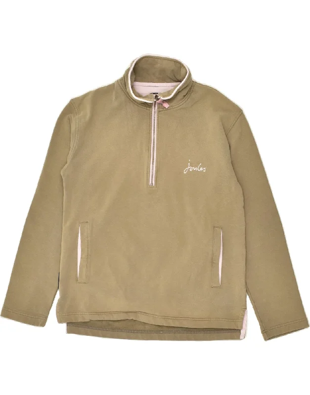 JOULES Womens Zip Neck Sweatshirt Jumper UK 6 XS Khaki Cotton Hoodie with Toggle Buttons Decorative Unique