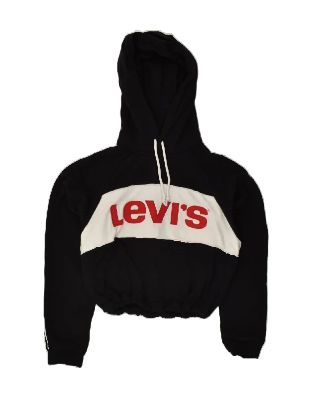 LEVI'S Womens Crop Graphic Hoodie Jumper UK 10 Small Black Cotton Hoodie with Print Artistic Unique