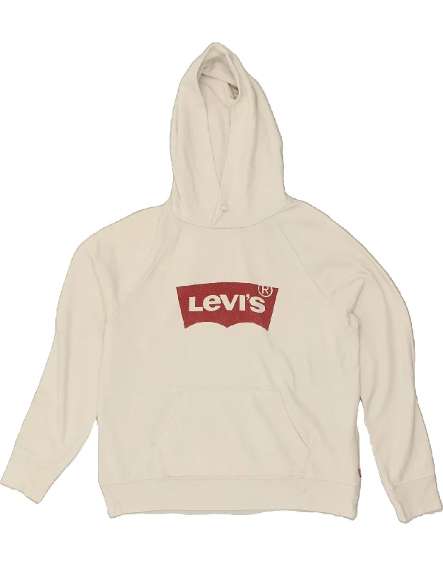 LEVI'S Womens Graphic Hoodie Jumper UK 14 Medium Off White Cotton Hoodie with Emblem Brand Identity