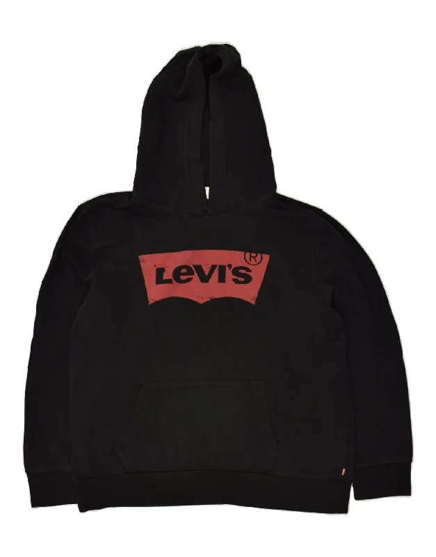 LEVI'S Womens Graphic Hoodie Jumper UK 20 2XL Black Cotton Hoodie with Zipper Placket Modern Functional