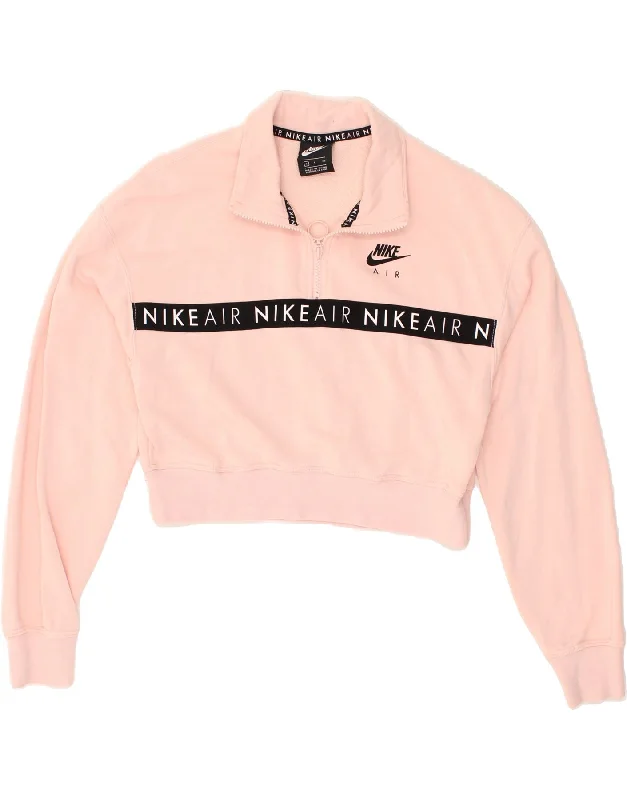 NIKE Womens Crop Zip Neck Sweatshirt Jumper UK 10 Small Pink Cotton Hoodie with Drop Shoulder Relaxed Streetwear