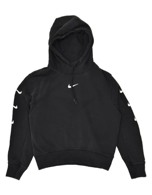 NIKE Womens Graphic Hoodie Jumper UK 12 Medium Black Cotton Hoodie with Half-Zip Sporty Casual