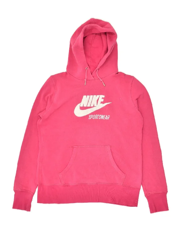 NIKE Womens Graphic Hoodie Jumper UK 14 Large Pink Cotton Hoodie with Monochrome Minimalist Simple