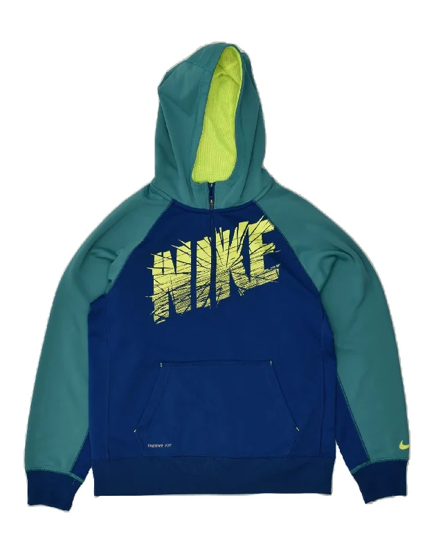 NIKE Womens Therma-Fit Graphic Hoodie Jumper UK 18 XL Blue Colourblock Hoodie with Lace Feminine Delicate