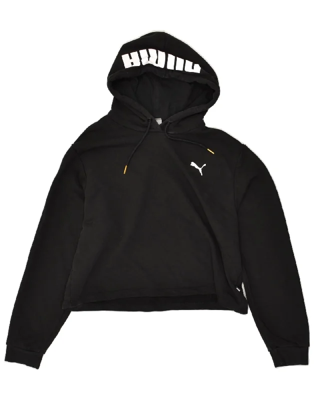 PUMA Womens Crop Graphic Hoodie Jumper UK 16 Large Black Cotton Hoodie with Logo Branding Identity