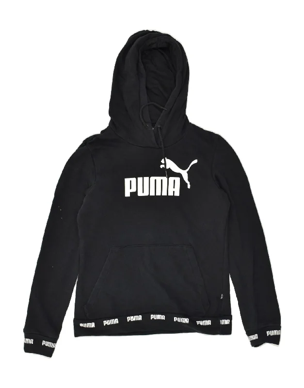 PUMA Womens Graphic Hoodie Jumper UK 10 Small Black Cotton Hooded Sweatshirt Casual Wear Street Style