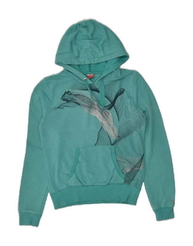 PUMA Womens Graphic Hoodie Jumper UK 10 Small Turquoise Cotton Hoodie with Bell Sleeves Flared Feminine