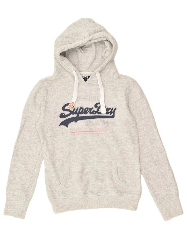 SUPERDRY Womens Graphic Hoodie Jumper UK 10 Small Grey Cotton Hoodie with Rolled Sleeves Casual Relaxed