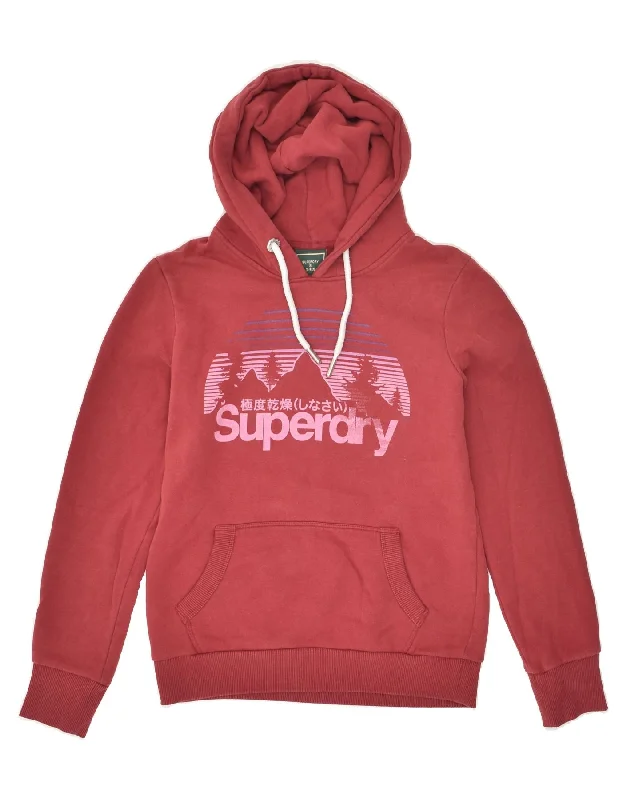 SUPERDRY Womens Graphic Hoodie Jumper UK 10 Small  Red Cotton Hoodie with Elastic Cuffs Stretchable Comfortable