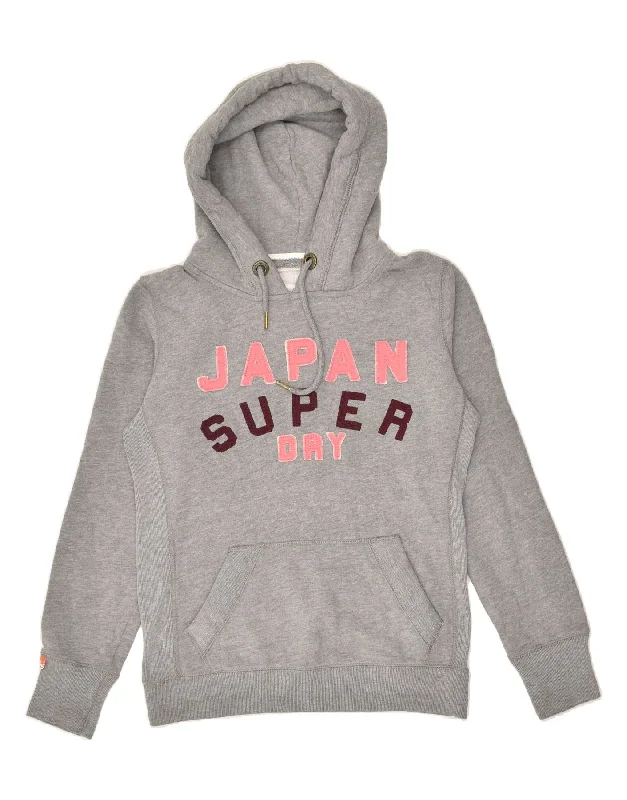 SUPERDRY Womens Graphic Hoodie Jumper UK 12 Medium Grey Cotton Hoodie with Fur Luxurious Winter