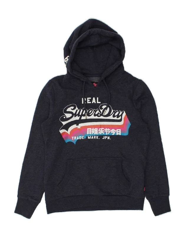 SUPERDRY Womens Graphic Hoodie Jumper UK 12 Medium Navy Blue Cotton Zip Hoodie Drawstring Kangaroo Pocket