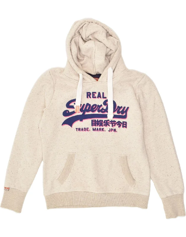 SUPERDRY Womens Graphic Hoodie Jumper UK 14 Medium Beige Flecked Cotton Hoodie with Drawstring Waist Adjustable Fitted