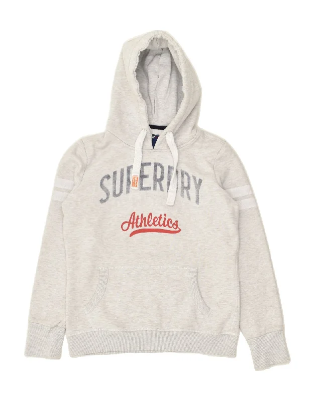 SUPERDRY Womens Graphic Hoodie Jumper UK 14 Medium Grey Cotton Hoodie with Sequins Glamorous Eye-catching