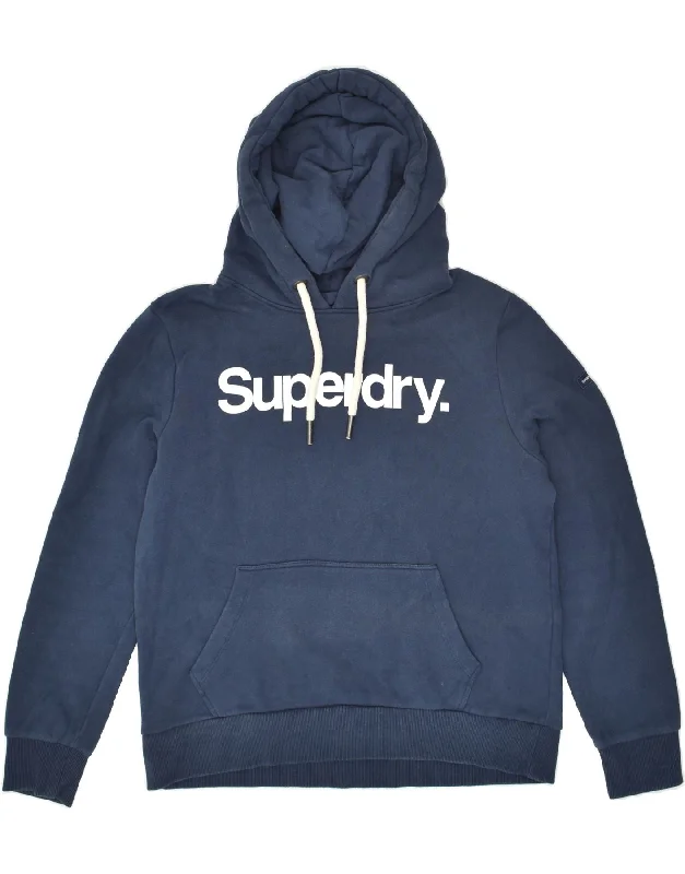 SUPERDRY Womens Graphic Hoodie Jumper UK 14 Medium  Navy Blue Cotton Hoodie with Magnetic Closure Innovative Modern