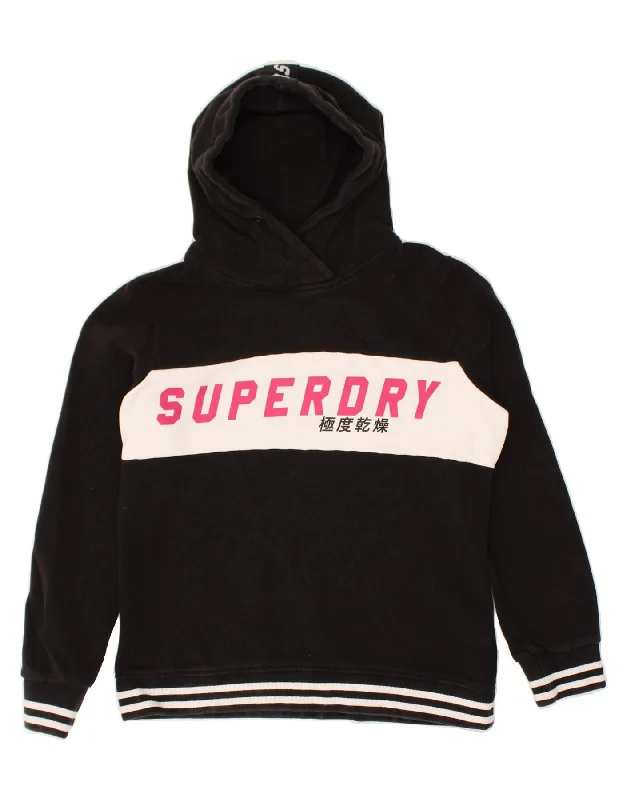 SUPERDRY Womens Graphic Hoodie Jumper UK 16 Large Black Colourblock Cotton Hoodie with Ribbed Cuffs Snug Fit Comfort