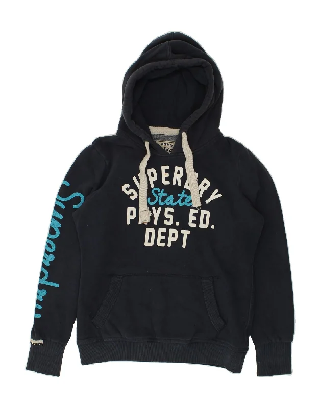 SUPERDRY Womens Graphic Hoodie Jumper UK 16 Large Navy Blue Cotton Oversized Hoodie Comfort Casual