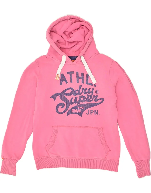 SUPERDRY Womens Graphic Hoodie Jumper UK 16 Large Pink Cotton Hoodie with High-Low Hem Asymmetrical Trendy