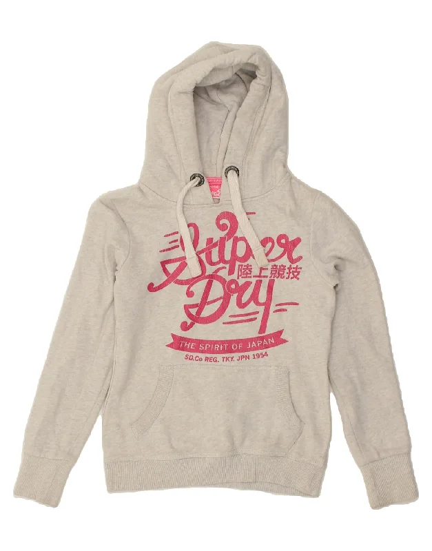 SUPERDRY Womens Graphic Hoodie Jumper UK 6 XS Grey Cotton Hoodie with Elastic Cuffs Stretchable Comfortable