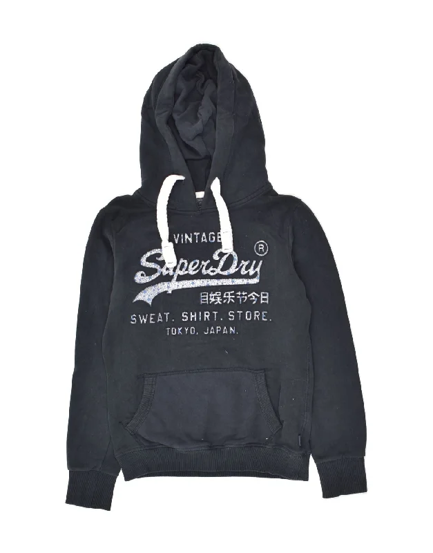 SUPERDRY Womens Graphic Hoodie Jumper UK 8 Small  Navy Blue Cotton Hoodie with Turtle Neck Cozy Winter