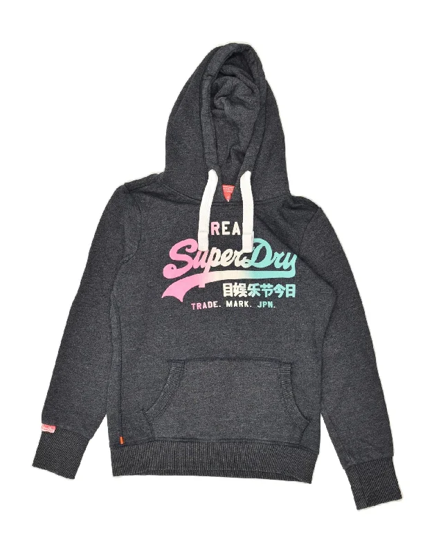 SUPERDRY Womens Graphic Hoodie Jumper UK 8 Small Navy Blue Flecked Cotton Hoodie with High-Low Hem Asymmetrical Trendy